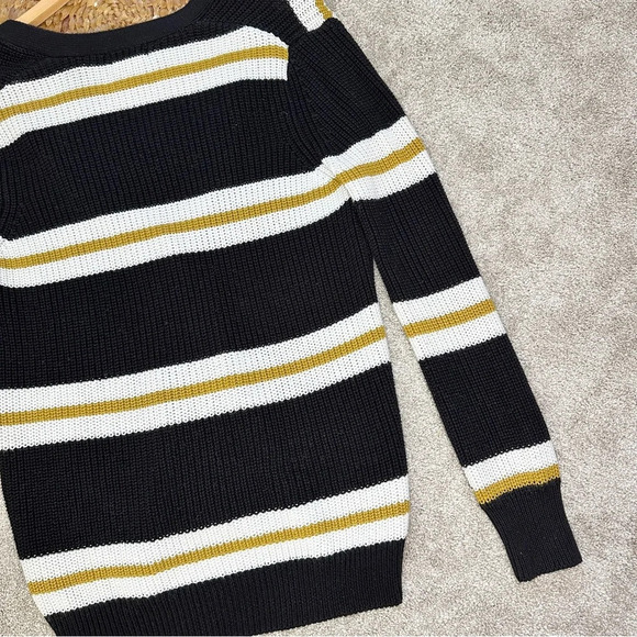 Forever21 Black & Off-White Yellow Striped Open Front Button Cardigan Sweater - Picture 10 of 13
